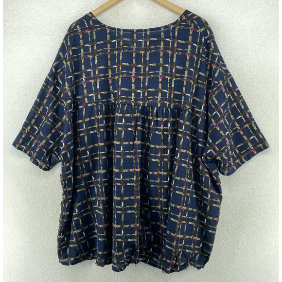 VIRABEL Blouse 3X Plus Peasant Top Check Shirred Split Neck Short Sleeve Blue - Picture 3 of 11